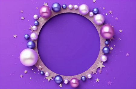 Purple background with golden frame and pearls. Generative AI.の素材