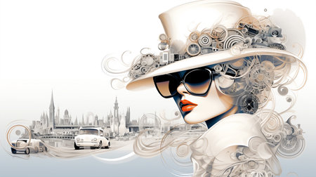 Fashion illustration of beautiful woman in hat and sunglasses. Vector illustration. Generative AI.の素材