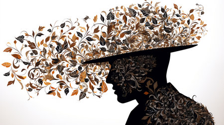 silhouette of a woman in a hat with autumn leaves on her head. Generative AI.の素材