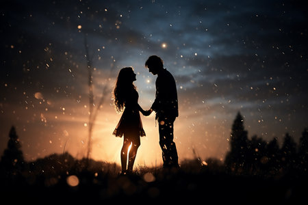 Silhouette of a loving couple against the background of a night sky. Generative AI.の素材