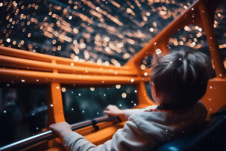 Little boy riding a bus in the city at night. Christmas and New Year concept. Generative AI.の素材