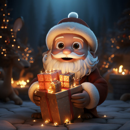3d illustration of Santa Claus with gift boxes and christmas lights. Generative AI.の素材