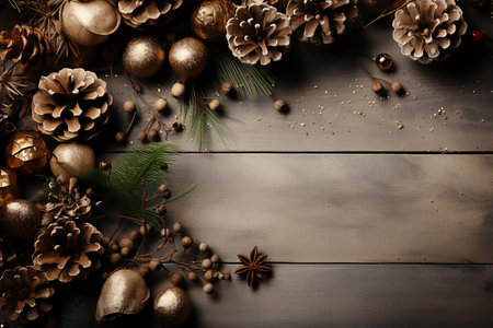 Christmas decoration on wooden background with copy space. Top view, flat lay. Generative AI.の素材