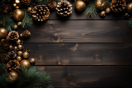 Christmas background with fir tree branches, golden balls and pine cones on dark wooden background. Generative AI.の素材