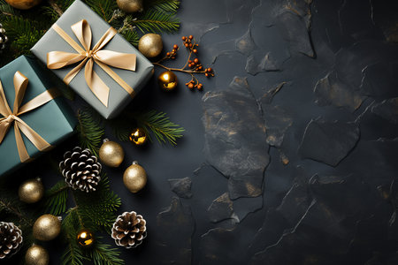 Christmas background with decorations and gift boxes on black stone table. Top view with copy space. Generative AI.の素材