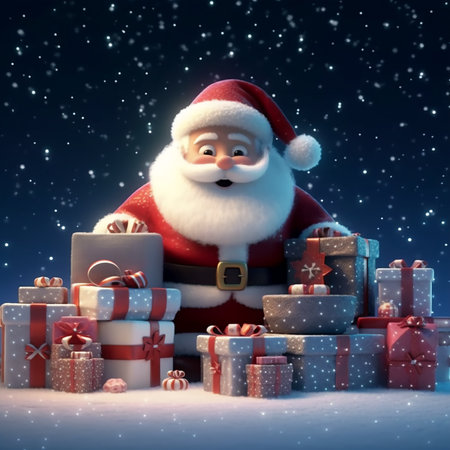 santa claus with gift boxes in snow . Generative AI.の素材