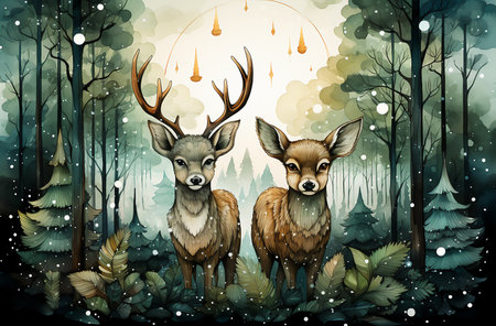 Two deer in the forest. Watercolor painting. Illustration. Generative AI.の素材