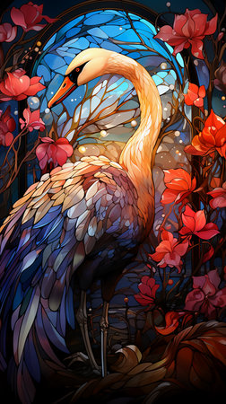 Illustration of a stained glass window with a beautiful flamingo bird. Generative AI.の素材