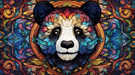 Colorful hand drawn sketch of a panda on a mandala background. Generative AI.の素材