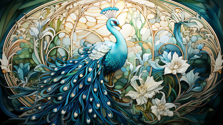 Peacock with flowers in stained glass window.  Generative AI.の素材