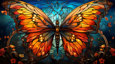 Beautiful butterfly in stained glass window. Psychedelic image. Generative AI.の素材