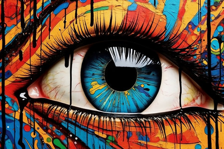 Close up of beautiful woman's eye. Colorful painted eyes. Generative AI.の素材