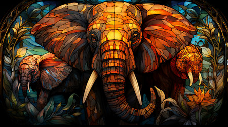 Illustration in stained glass style with an elephant in the forest. Generative AI.の素材