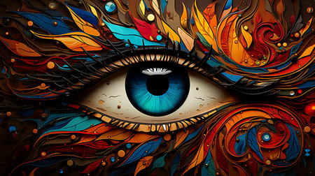 Mystical eye with ornament. Psychedelic design. Vector illustration. Generative AI.の素材