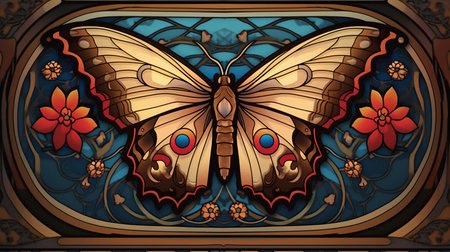 Illustration in stained glass style with a butterfly on a blue background. Generative AI.の素材