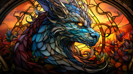 Illustration in stained glass style with a dragon on the sky background. Generative AI.の素材
