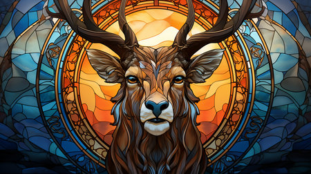 Illustration in stained glass style with deer on the background of the sun. Generative AI.の素材