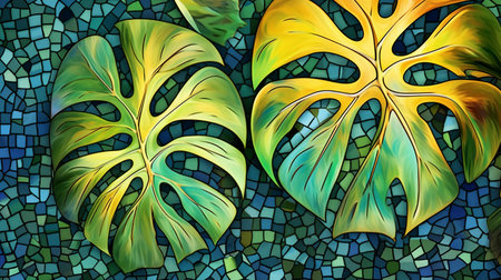 Tropical leaves in stained-glass mosaic style. Abstract background. Generative AI.の素材