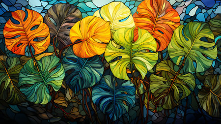 Illustration in stained glass style with monstera leaves on a blue background. Generative AI.の素材