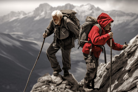 Hikers at the top of a mountain in the Dolomites. Generative AI.の素材