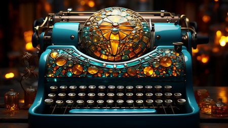 Vintage typewriter with crystal ball on it. Generative AI.の素材