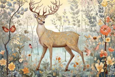 Digital painting of a deer in the forest with flowers and butterflies. Generative AI.の素材
