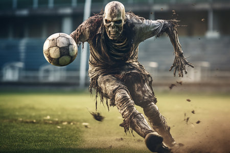 Scary zombie playing football on the field. Horror and fear concept. Generative AI.の素材