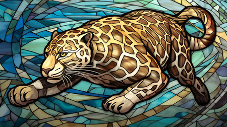 Illustration in stained glass style with leopard lying on the ground. Generative AI.の素材