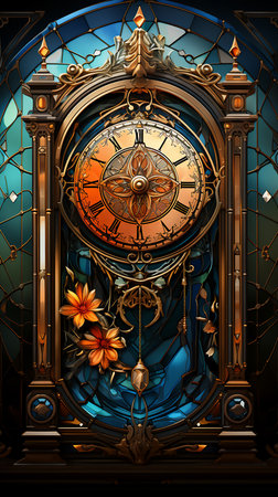 Vintage clock with floral ornament on blue background. Digital illustration. Generative AI.の素材