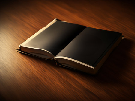 Open book on a wooden table. Shallow depth of field. Toned. Generative AI.の素材