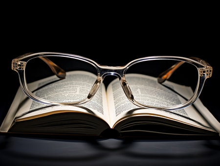 Glasses and book on a black background, close-up. Generative AI.の素材