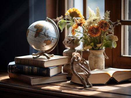 Still life with books, globe and flowers on the windowsill. Generative AI.の素材