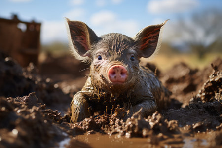Little pig in muddy mud on a sunny day. Close-up. Generative AI.の素材