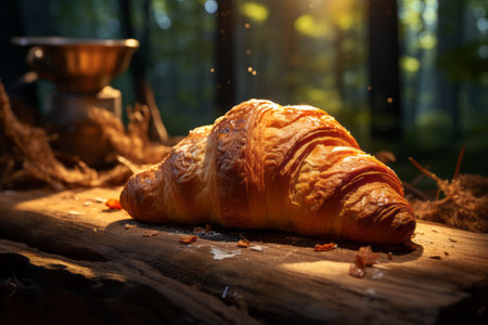 Freshly baked croissant on a wooden table in the forest. Generative AI.の素材