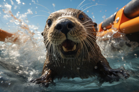 Otter swimming in pool and splashing water. Close-up. Generative AI.の素材