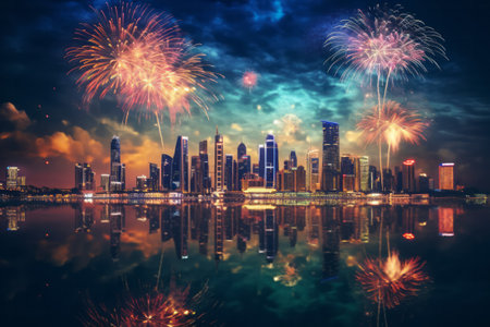 Beautiful firework over the cityscape and water reflection at night Generative AI.の素材