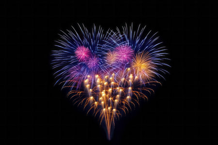 Colorful fireworks in the night sky, isolated on black background. Generative AI.の素材