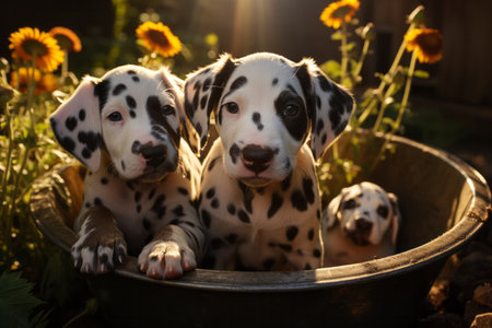 Adorable dalmatian puppies in the garden at sunset. Generative AI.の素材
