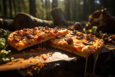 Pizza on a wooden board in the forest. Toned. Generative AI.の素材