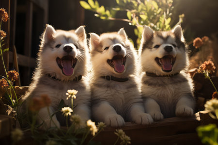 Three cute siberian husky puppies sitting in the garden. Generative AI.の素材