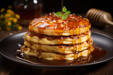 Pancakes with honey and maple syrup on a wooden background. Generative AI.の素材