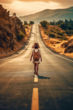 Rear view of a little girl walking on the road in the desert. Generative AI.の素材