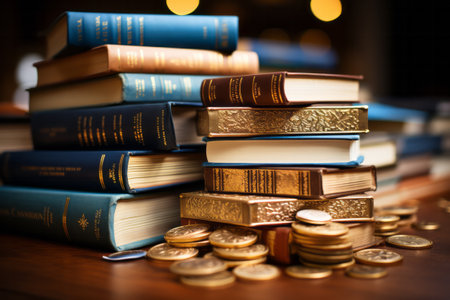 Books and coins on a wooden table in the library. Education concept. Generative AI.の素材