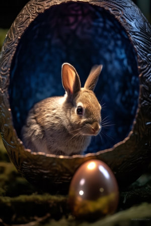 Cute little rabbit with Easter egg in a basket. Selective focus. Generative AI.の素材