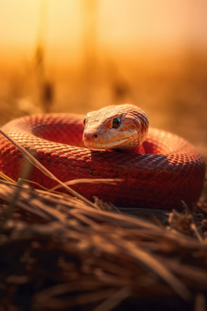 Close-up of a red snake in the field at sunset. Generative AI.の素材