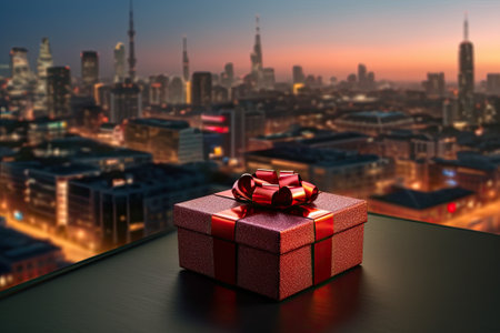 Gift box with red ribbon bow against view of the city at night. Generative AI.の素材
