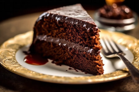 Chocolate cake with chocolate glaze on a dark background. Selective focus. Generative AI.の素材