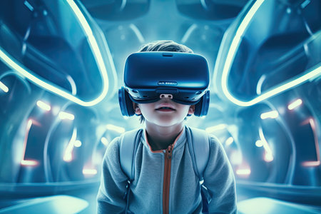 Little boy in virtual reality headset. Future technology concept. Generative AI.の素材