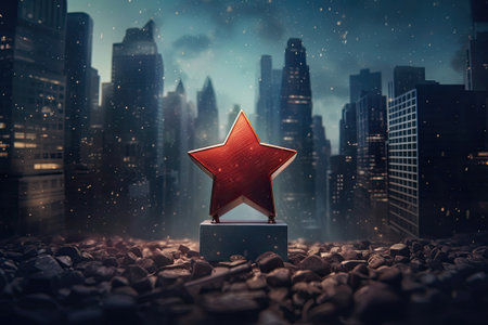 Star award on the background of the night city. Generative AI.の素材