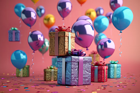 Gift boxes with balloons and confetti. 3d illustration. Generative AI.の素材